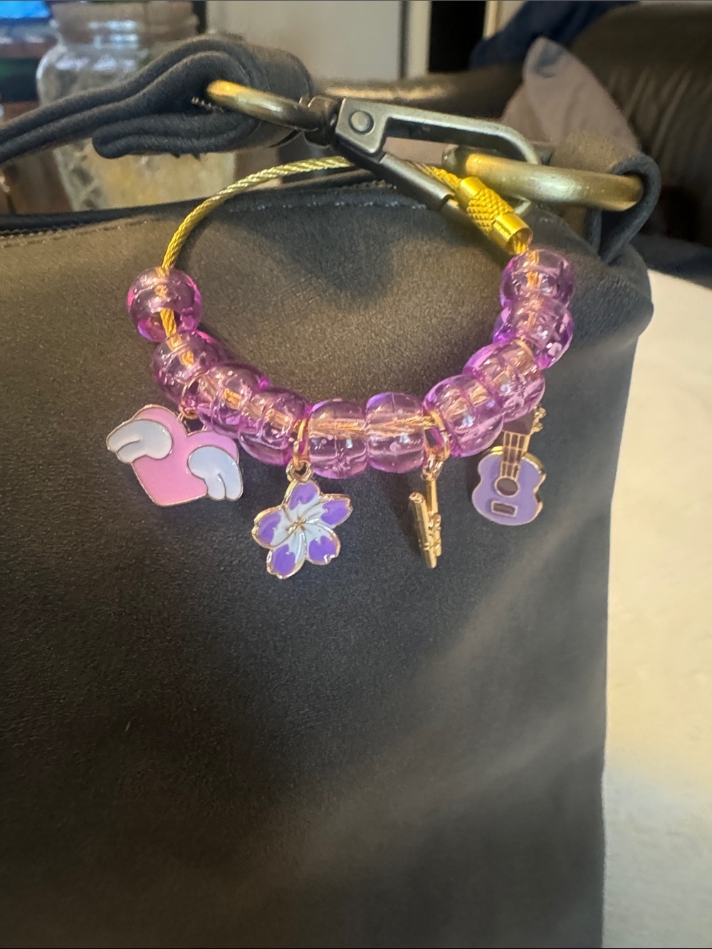Purple Beaded Charm with Heart, Flower & Guitar Charms